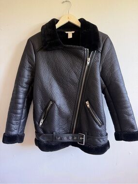 Womens Black Faux-Shearling Biker Jacket size 8